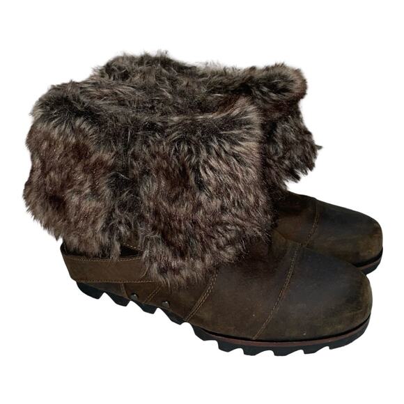 Sorel Joan of Arctic Brown Leather Faux Fur Wedge Ankle Boots    Size: US 7.5 - Picture 1 of 9